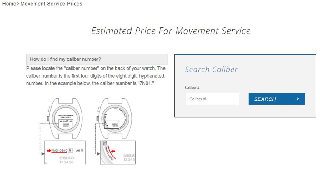 Seiko Price Estimator for Movement Repair